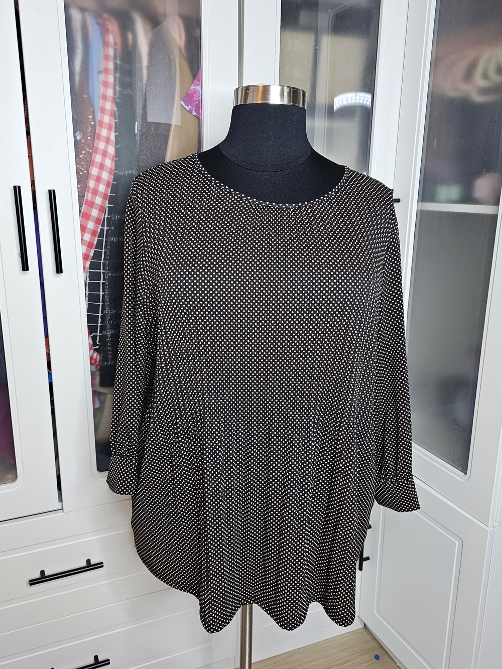 NWT Adrianna Papell Black Top with White Micro Dot Print